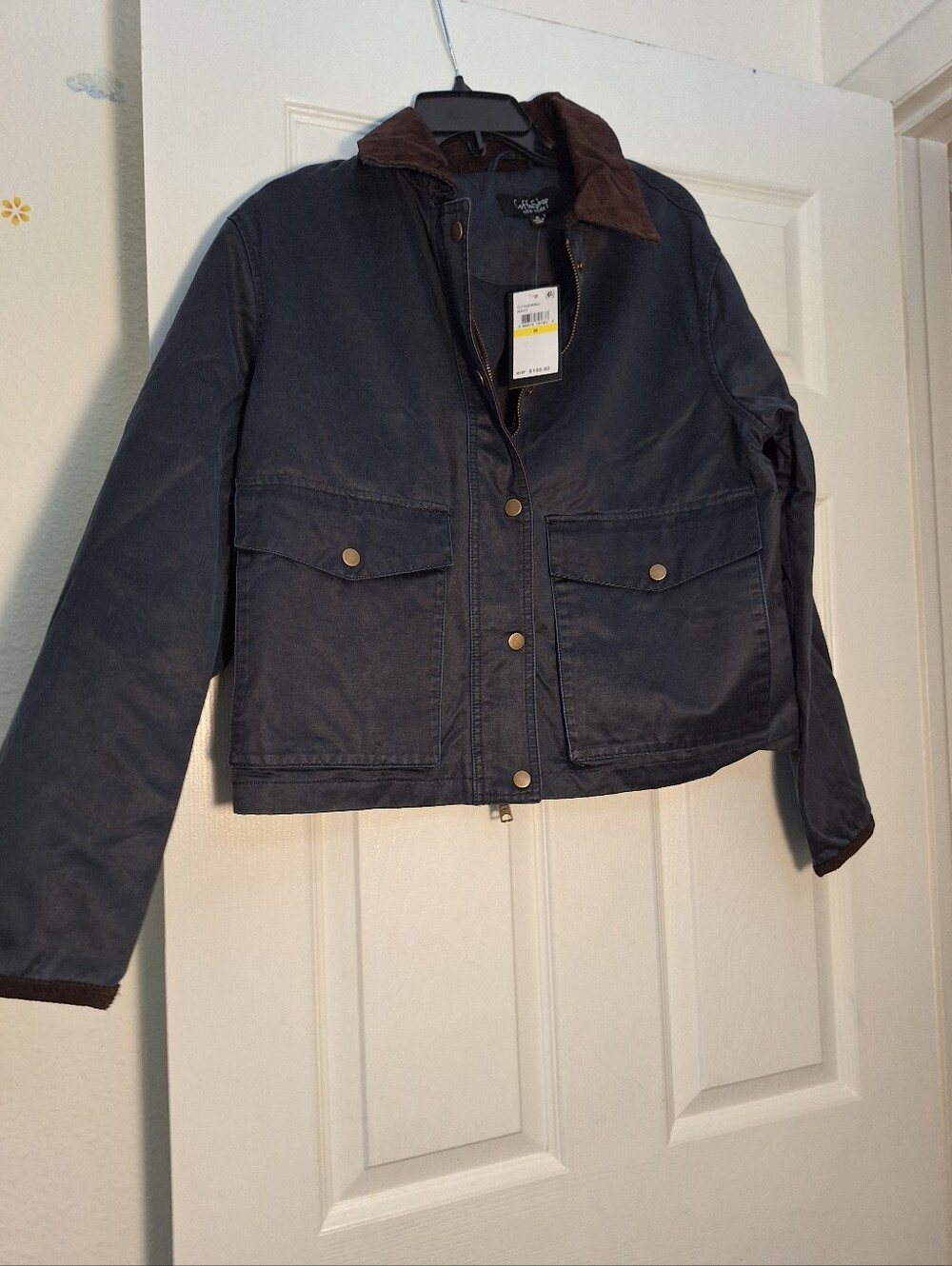CoffeeShop Waxed Barn Jacket in Navy Blue & Brown Size M RUN Large